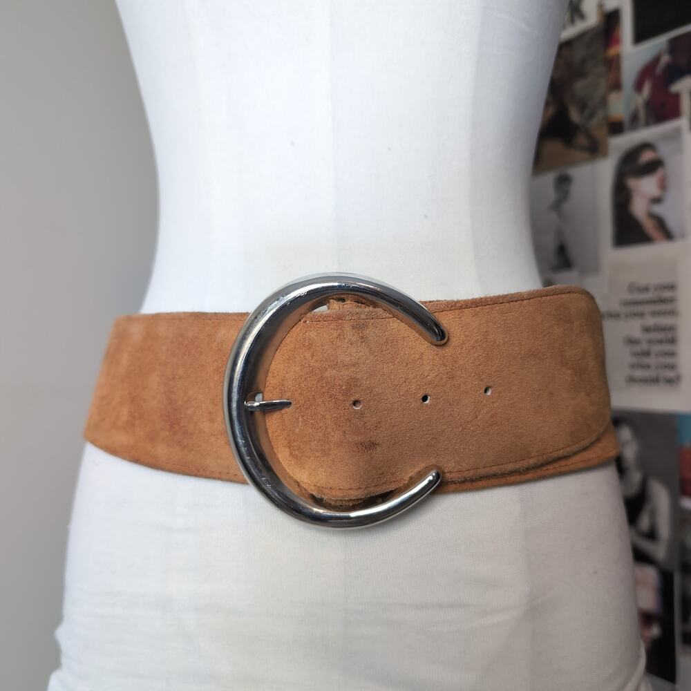 Wide Suede Leather Belt With Silver Buckle